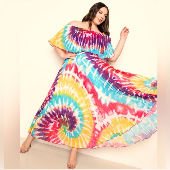 Vibrant Tie-Dye Off-Shoulder Pleated Maxi Dress - Picture 1 of 7